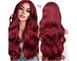 Frazimashop- Pruik- Hittebestendige - Pruiken Dames -Lang golf Haar - #Front Lace Wig 13x4# pruik 65 cm- kleur rood bordeaux-Was