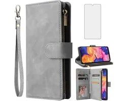 Asuwish Beschermhoes voor Samsung Galaxy A10, portemonnee met gehard glas en kaarthouder, PU-leer, klaphoes, stand - ShopVlot