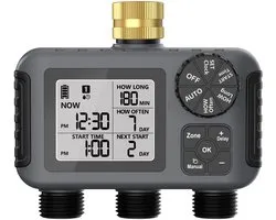 Messing 3-weg watertimer – Besproeiingscomputer voor 3 zones - Besproeiingscomputer - beregeningscomputer - IP66 Waterdichte - Instelbare bewateringstijd en - frequentie per zone