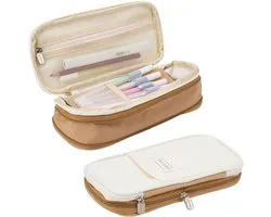 Large Pencil Case - Zipper - Foldable - Portable Pencil Case - Storage Compartments - Stationery Organizer - Back to School Supplies - Office Students - Diary - Travel Makeup Brush - Beige