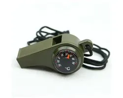 Multifunctioneel Noodfluitje 3-in-1 - Fluitje, Kompas & Thermometer - Noodpakket Veiligheidsfluitje - Outdoor Survival - Legergroen