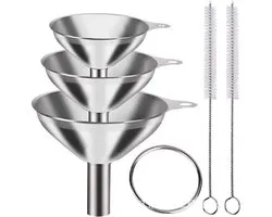RVS Trechter Set - 3 Stuks Metalen Keukentrechters (Ø7,5cm/5,5cm/4,5cm) - Inclusief 1 Reinigingsborstel - Voor Vullen en Overschonken - Zilver - 4-delige set