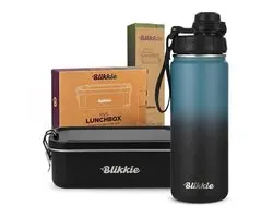 Blikkie RVS Schoolset - Drinkfles 500 ml & Lunchbox 1200 ml met Divider - Broodtrommel - Thermosbeker voor Kinderen - BPA-Vrij - Blauw en Zwart - Back to School