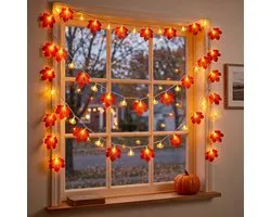 Herfst Lichtsnoer met Pompoen en Esdoornblad - 1.5 Meter - 10 Warm Witte LED Lampjes - Batterij Gevoed - Sfeerverlichting voor Herfst, Halloween & Thanksgiving - Decoratie Binnen