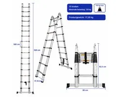 SanaVida - Telescopische Ladder - Uitschuifbare Trap - Aluminium Ladder - 5M - A Frame - Multifunctioneel - Antislip - Max. 150kg