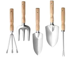Ensemble d'outils de jardinage GOODEVN 5 pièces - Pelle, râteau et désherbeur en acier inoxydable - Outillage à main avec Poignées en bois pour jardinières, potagers et Klein travaux de jardinage