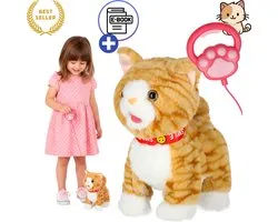 Ikonka Interactieve Wandelende Kat Met Lijn – Miauwende Zingende Pluche Kitty Die Loopt, Hoofd Beweegt, Staart Wiebelt En Tong Uitsteekt – Educatief Speelgoed 3+ Voor Rollenspel, Motoriek, Empathie En Taalontwikkeling Extra Leuk Speel Nu Met Ebook