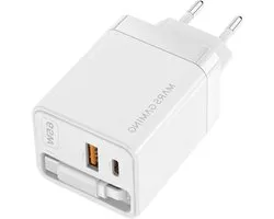 Mars Gaming MD-GAN65R, Ultracompacte USB-C-lader 65W, Snelladen QC 3.0 en PD 3.0, GaN-technologie, 65cm platte intrekbare kabel, 9 beveiligingen, USB-A- en USB-C-poort, Europees type C-stekker, wit