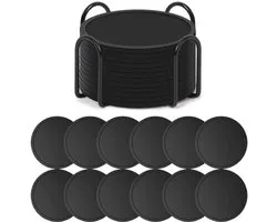 Siliconen Onderzetters Met Houder - Set Van 12 - Onderzetters Voor Glazen - Onderzettersset - Ronde Onderleggers Design - Coasters - Anti Slip - Hittebestendig - Zwart - Cadeau