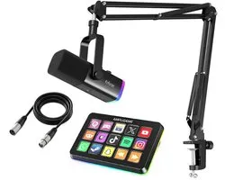 FIFINE Streaming Pack - AM8T + D6 + XLR - Complete Streaming & Podcast Set - 15 LCD Toetsen - PC, PS4, PS5, Mac - Gaming, Streaming & Content Creatie - Zwart