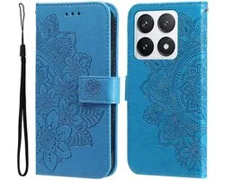 Coque adaptée au Xiaomi 14T Pro | Étui à livres Fleurs | Porte-cartes | Bleu