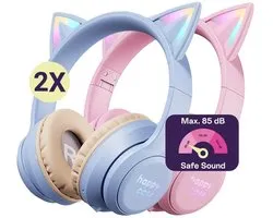 HappyCase Popz - Duo Pack Kinder Koptelefoon Draadloos - Kattenoortjes - Koptelefoon Voor Kinderen - Ledverlichting - Ingebouwde Microfoon - Over-Ear - 85db volumebregrenzer - Bluetooth - Roze & Paars