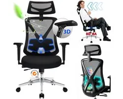 Durrafy Ergonomische Bureaustoel 200 kg - NEN-EN1335 Gecertificeerd - Bureaustoelen voor Volwassenen - Office Chair - Computerstoel met 2D Hoofdsteun, 3D Armleuningen, Lendensteun, Zitdiepteverstelling en Ademend Mesh - Zwart
