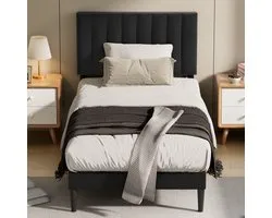 KUTAS 1 Persoons Bed 90 x 200 cm - Eenpersoonsbed - Gestoffeerd Bedframe met Hoofdbord - Metalen Frame - Extra Stevig - Stil & Antislip - Minimalistisch Design - Zwart