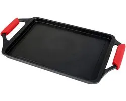 Grill Plate, Induction Griddle Pan, 37 x 25 cm, Cast Aluminium, Non-Stick Coating Xtra Dupont Ecological, PFOA-Free, 5 mm Thickness, Silicone Handles, Vitro Ceramic, Gas, Oven, Black