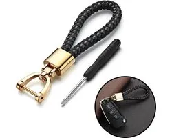 Sleutelhanger auto - Universeel - Goud RVS - Zwart leer geweven