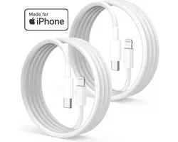 2x Câbles USB-C vers Lightning certifiés MFI - Certifié Apple - 1 mètre - Câble de chargeur adapté pour iPhone - Chargeur rapide adapté pour iPhone, iPad et AirPods - Câble de chargeur Phreeze d'origine - Wit