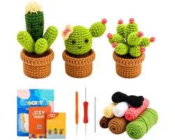 Crafsly Kit de Crochet Cactus pour Débutants - Kit de Crochet Amigurumi Cactus – Kit de Crochet DIY Complet avec Instructions Vidéo – Matériaux et Manuel Anglais Inclus – 3 Cactus au Crochet - Crochet