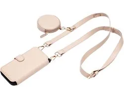 CaseMania Backcase hoesje geschikt voor Apple iPhone 16 - Effen Beige - Kunstleer - 2in1 Bookcase met Koord - XL Wallet 6 pasvakjes - Matchende Mini Bag - MagSafe Compatibel