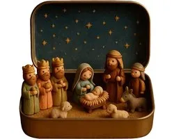 Mini Kerststal Set - Handgemaakte Figuren - Decoratie Huis - Inclusief Tin Box - 13 cm Breed - Multicolor