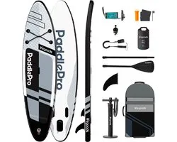 LifeGoods PaddlePro SUP Board Pro - Pro Set - Opblaasbaar Paddle Board - Max. 150KG - 320x81cm - Zwart/Wit