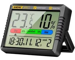 ANENG AP01 | Thermo Hygrometer | Digitale Thermometer Hygrometer | Temperatuur en Vochtigheidsmeter | Binnen Klimaatmeter | LCD Klok met Alarm | Digitale Weerstation | Luchtvochtigheid Meter | Temperatuurmeter Binnen | AP01 | ZWART