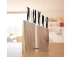 Messenblok met 5-delige Messenset — Acaciahout + RVS Messen — Koks-, Brood-, Santoku-, Universeel & Schilmes — Ergonomische Grip — Cadeau voor de Hobbykok — Belgisch Merk Les Plaisirs du Chef