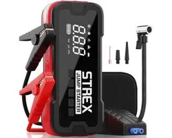Strex 12V Jumpstarter voor Auto & Motor met Compressor - 4000A / 24.000 mAh - 5-in-1 Starthulp met Luchtcompressor, Powerbank, LED Zaklamp en SOS Noodlicht - Bandenpomp - Incl. Hardcover