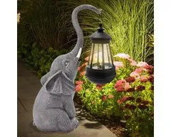 Elephant Ornaments with Solar Lanterns - Outdoor Statues Solar Powered Figurine Weatherproof LED Light for Patio/Garden/Balcony - Decoration Gift for Happiness