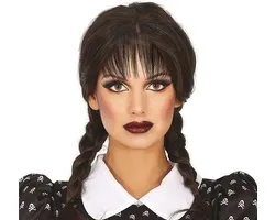 Fiestas Halloween verkleedpruik lang haar - zwart - dames - Wednesday - vlechten
