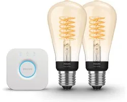 Philips Hue Starterspakket - E27 - met 2 Filament Edisonlampen Klein (ST64) - Warmwit Licht - Incl. 1 Hue Bridge - Hue White Filament
