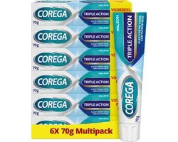 Corega Triple Action - Kleefcrème – Kunstgebit - Sterke Fixatie - Bescherming Tegen Voedseldeeltjes - Comfort & Milde Muntsmaak - Voordeelverpakking 6 x 70 g