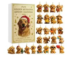Calendrier de l'Avent Golden Retriever 2026 - 24 décorations à suspendre en acrylique 2D avec des chiens golden retriever - ornements de sapin de Noël chaleureux pour les amoureux des chiens