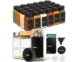 Airtight Spice Jars with Sprinkle Insert - 24 Glass Containers with Waterproof Labels