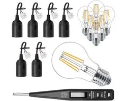 Lot de 6 douilles E27 pour rénovation, douille de chantier, douille E27 + testeur de tension VDE - 6 ampoules LED blanc chaud - douille de remplacement 250 V, douille de chantier avec câble