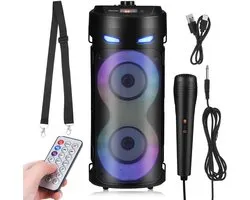 Draagbare PA Speaker – 100W Luidspreker met Subwoofer – 2 Microfoons & Afstandsbediening – Kleurrijke LED-verlichting – Voor Feesten, Buiten & Karaoke – Zwart