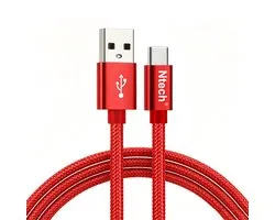 Ntech - USB-C Data- en Laadkabel - 2.4A Snellader Kabel 1 M- Fast en Quick Charge Oplaadkabel - Type C Naar USB-A - Oplaadsnoer Telefoon - Laptop - Geschikt voor Samsung Galaxy en Note - Sony - OnePlus - Gevlochten Nylon Rood