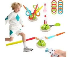 3-in-1 buitenspeelgoedset voor kinderen - Raketwerper, springtouw en ringwerpen - Muziek- en snelheidsstanden