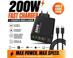 200W Fast Charger-Snel lader FS Power Pack® 200W USB-C Super Fast Charger + USB-C Kabel 60cm| 6-Poorts Snellader | 3x USB-C + 3x USB | Power Delivery PD & QC3.0 | EU/Plug |Zwart/Wit/Voor Samsung / Xiaomi / Huawei / iPhone / Laptop