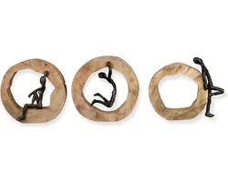 Gilde Handicraft Statues Set/3 Sculptures Fun Bois/Métal Bronze