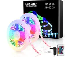 LED Strip 10 meter - 2x5 M- RGB 5050 SMD – 300 Light strip – RGB LED Strips Verlichting – met 24 Keys Afstandsbediening – licht strip dimbaar - zelfklevend – Met Batterij aansluiting