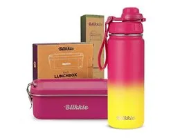 Blikkie RVS Schoolset - Drinkfles 500 ml & Lunchbox 1200 ml met Divider - Broodtrommel - Thermosbeker voor Kinderen - BPA-Vrij - Felroze en Geel - Back to School