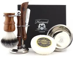 Haryali London 5-delige houten scheerset voor mannen – Scheermes met scheerkwast, scheerstandaard, roestvrijstalen scheerkom en scheerzeep – Luxe cadeauset voor nat scheren