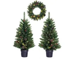 Black Box Trees Creston Kerstboom en Kerstkrans Set - 2 Kunstkerstbomen en 1 Krans met LED Verlichting - Groen