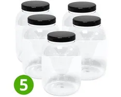 5x Ronde Pot 3000ml met Schroefdeksel - Zwarte Dop - Transparant - ALPHA - Plastic Potjes met Deksel - Cosmetica - Voorraadpot - Opbergpot- Bewaarpot - Voedselveilig - Navulbaar - PET Kunststof Pot - Multifunctioneel