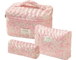 Skycases Travel Essentials - 3-delige Make-up Tas Set - Eco-vriendelijk Katoen - Gewatteerde Gebloemde Organizers - Etui Toilettasje - Toiletzak voor Dames - Ruim, Duurzaam en Ideaal voor Reizen