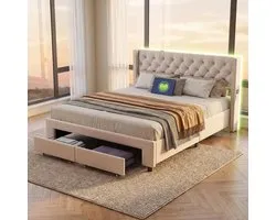 Lit rembourré 180x200 cm avec LED et USB, Lit double avec rangement et sommier à lattes, Lit de rangement avec 2 tiroirs, Velours Beige, Sans matelas