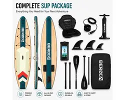 BEROCA SUP Board - met Zitje - Sup Board Opblaasbaar - Complete Set - 320x81cm - Max. 160 kg -Groen houtnerf