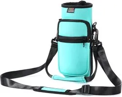 Water Bottle Carrier Bag - Adjustable Shoulder Hand Strap 2 Pocket - Sports Water Bottle Holder for Hiking Travelling - Turquoise