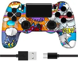 NAXSIR Draadloze PS4 Controller met Opvallend Comic Design – Bluetooth Gamepad met Explosieve Kleuren, Micro-USB Aansluiting, Oplaadbare Batterij​